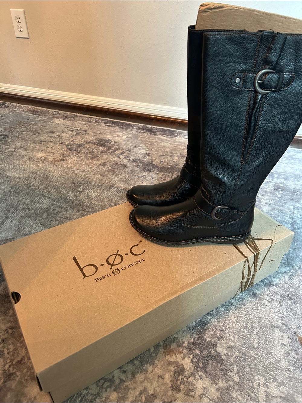 b.o.c. Black Tall Leather Riding Boots with Buckle Accents